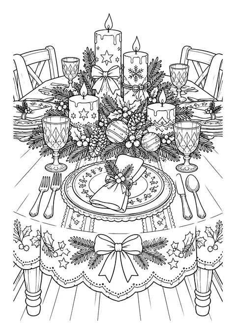Ausmalbild: Gedeckter Weihnachtstisch mit fünf Kerzen, Tannenzweigen, Gläsern, Teller mit Serviette, Besteck und Schleifendecke