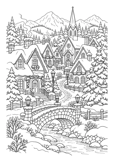 Ausmalbild: verschneites Dorf mit Kirche, Fachwerkhäusern, Laternen, Tannen, Steinbrücke und Bach vor Bergen