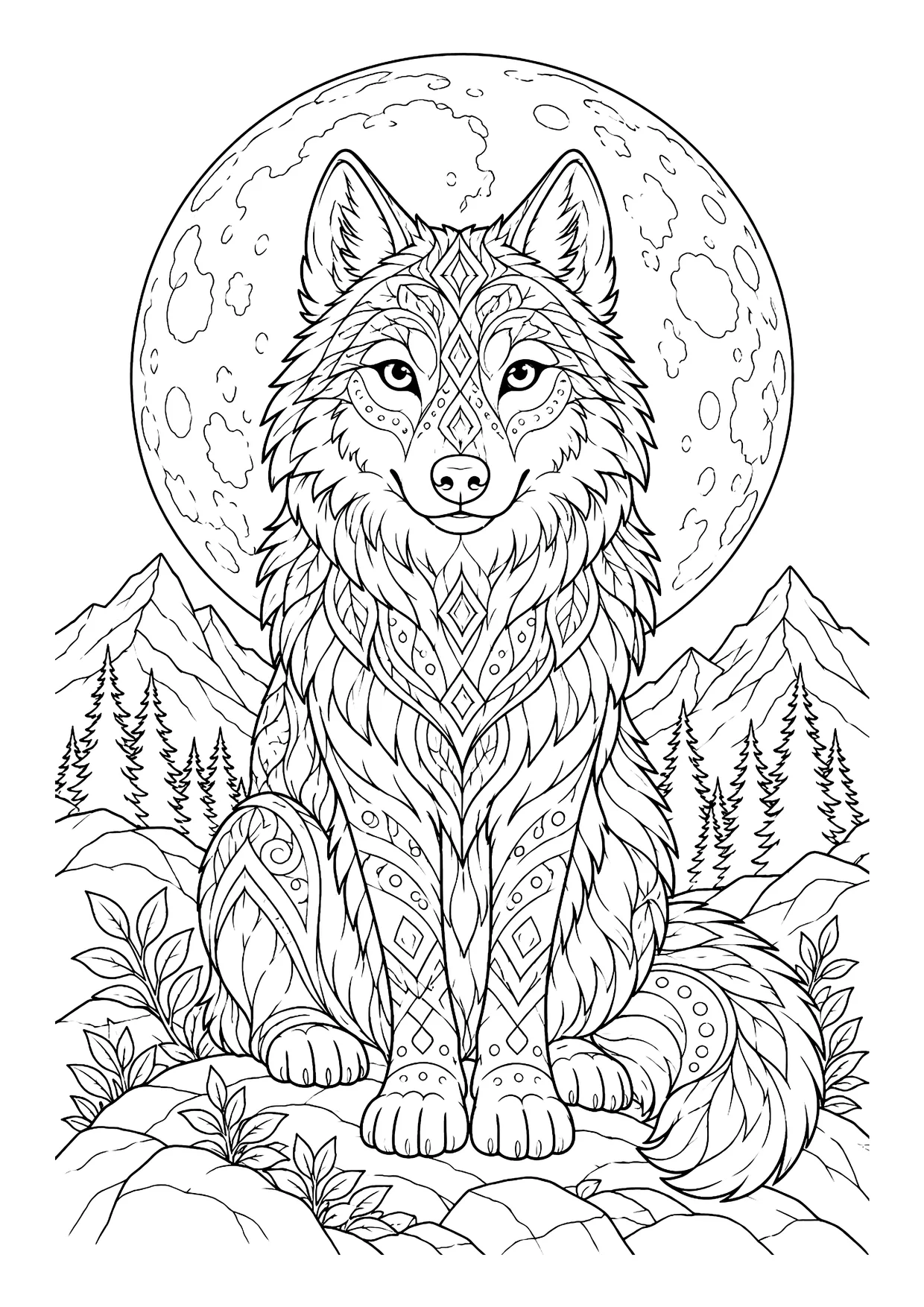 Ausmalbild: sitzender Wolf mit Mustern im Fell vor großem Vollmond, Bergen und Tannenbäumen