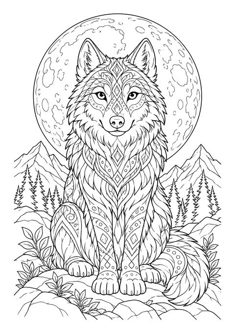 Ausmalbild: sitzender Wolf mit Mustern im Fell vor großem Vollmond, Bergen und Tannenbäumen