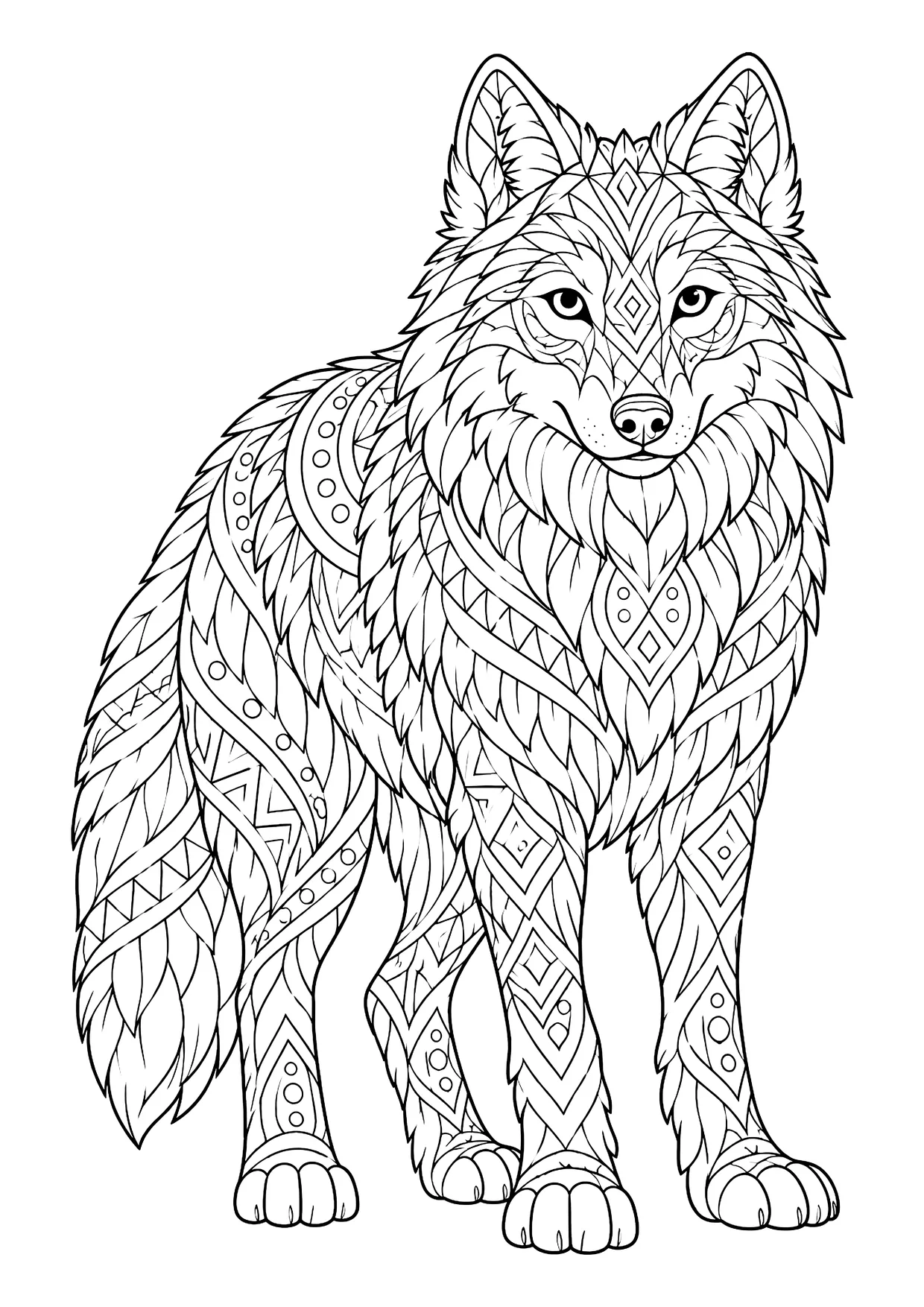 Ausmalbild: stehender Wolf von vorne, Fell und Schwanz mit geometrischen Rauten-, Zickzack- und Kreismustern gefüllt