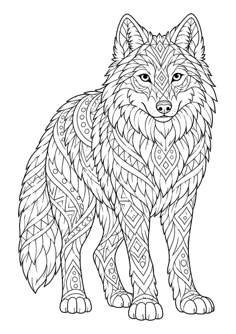 Ausmalbild: stehender Wolf von vorne, Fell und Schwanz mit geometrischen Rauten-, Zickzack- und Kreismustern gefüllt