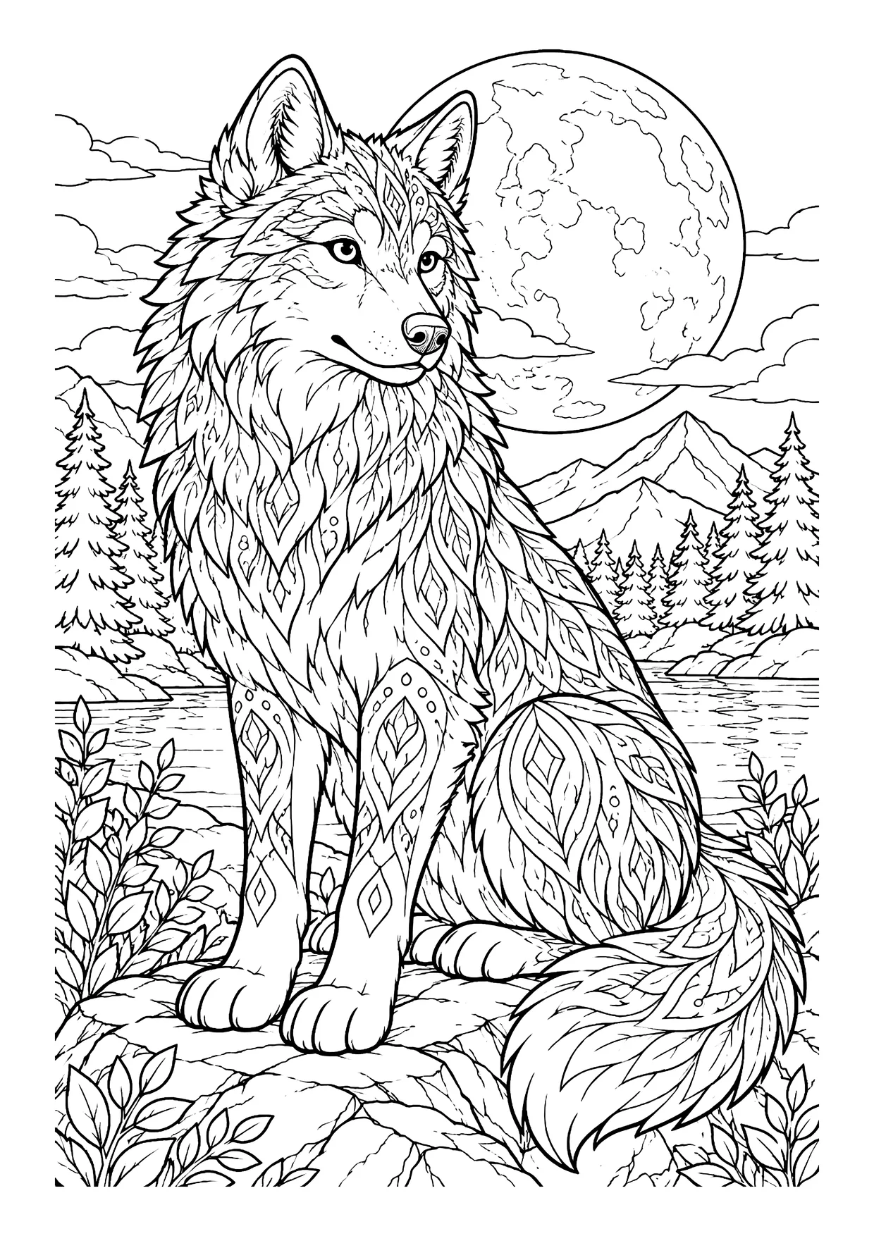 Ausmalbild: Sitzender Wolf mit Musterfell auf Felsen vor Vollmond, Tannen, Bergen und See