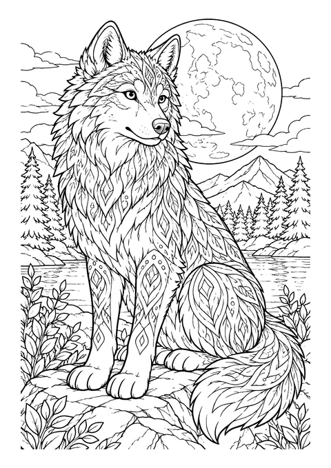 Ausmalbild: Sitzender Wolf mit Musterfell auf Felsen vor Vollmond, Tannen, Bergen und See