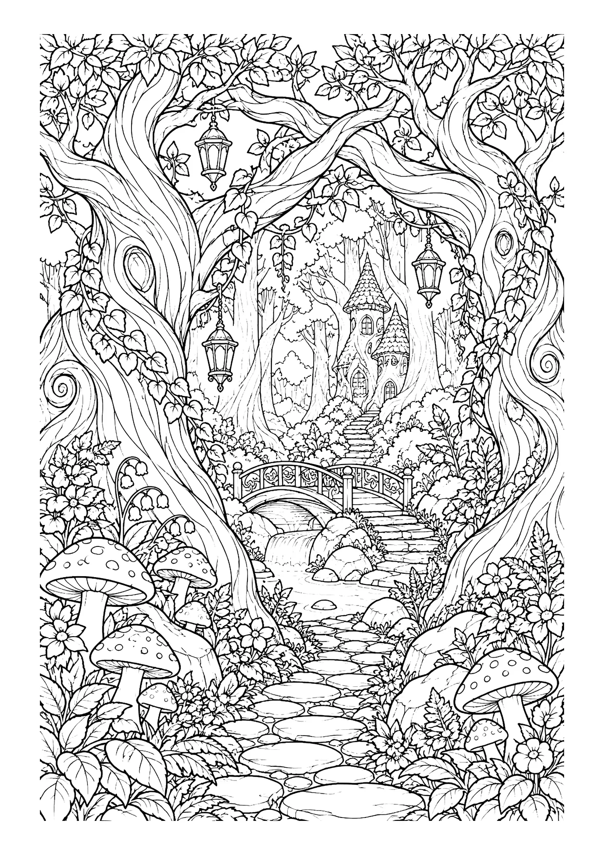 Ausmalbild: Zauberwald mit verschlungenen Bäumen, Laternen, Pilzen, Steinbrücke und Turmhaus am Waldweg