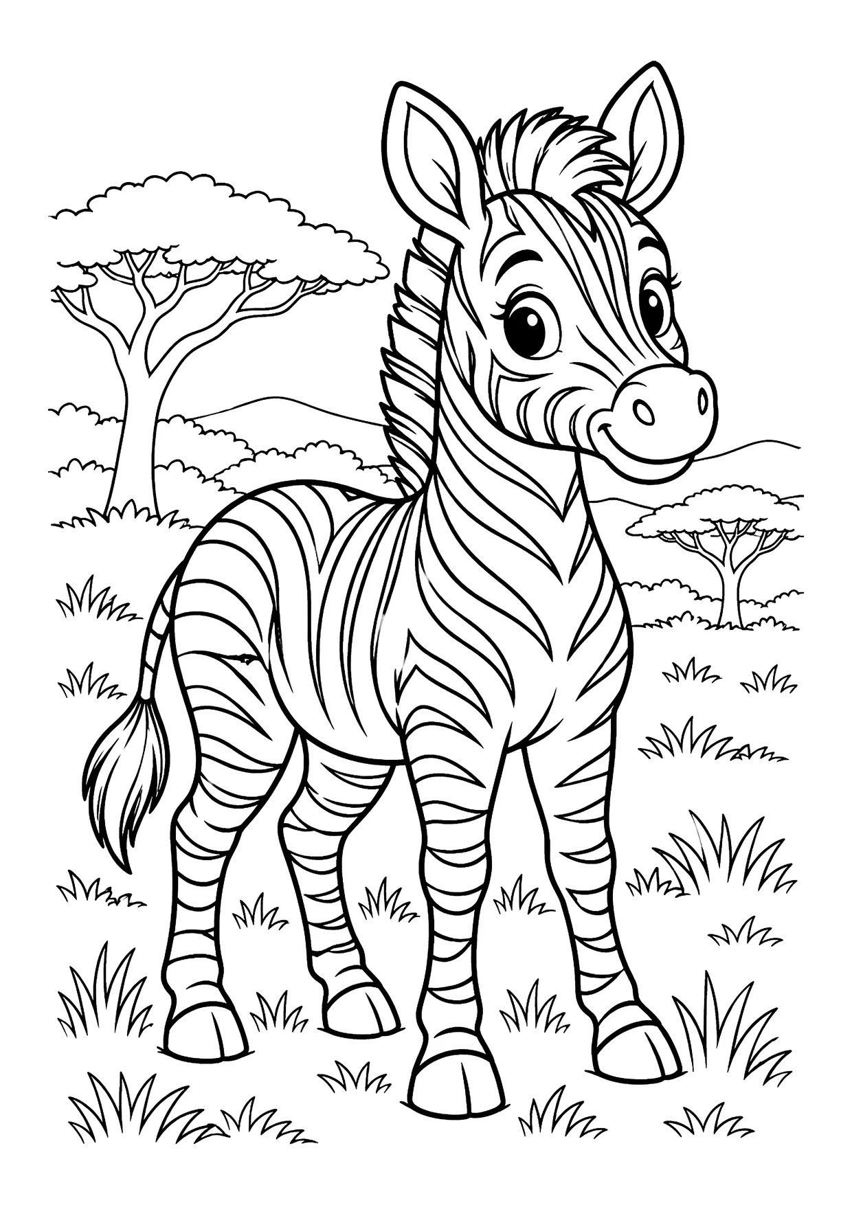 Ausmalbild: Zebra mit Streifenfell und Mähne steht in der Savanne zwischen Grasbüscheln und Akazienbäumen