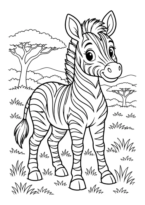 Ausmalbild: Zebra mit Streifenfell und Mähne steht in der Savanne zwischen Grasbüscheln und Akazienbäumen