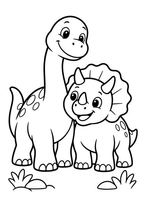 Ausmalbild: Langhals-Dinosaurier und Triceratops stehen nebeneinander, darunter Gras und kleine Hügel