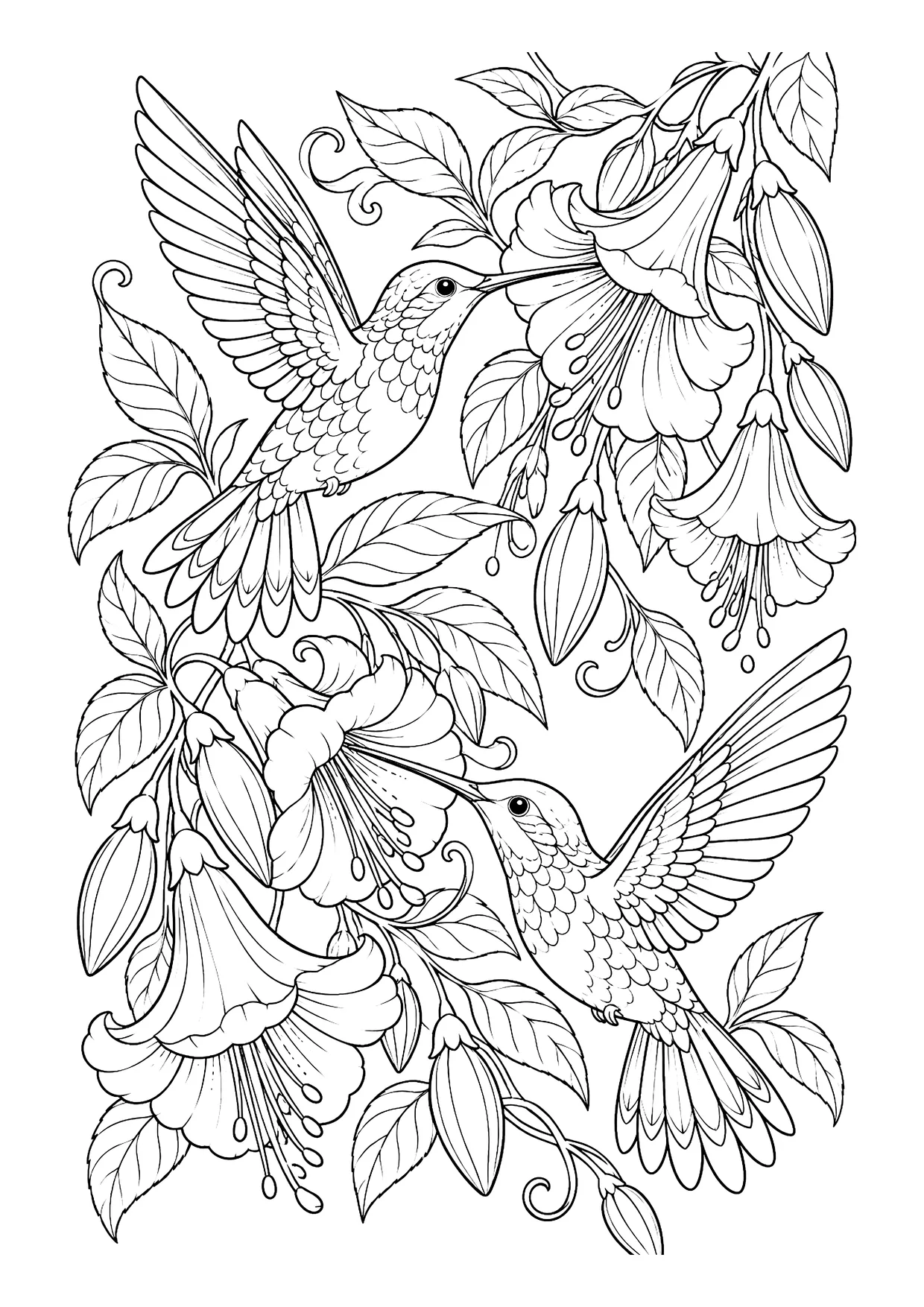 Ausmalbild: Zwei Kolibris mit ausgebreiteten Flügeln an großen Trompetenblüten mit Knospen und Blättern