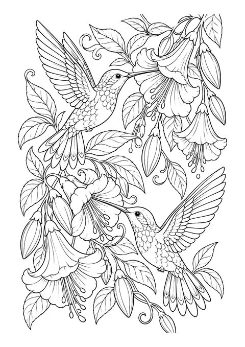 Ausmalbild: Zwei Kolibris mit ausgebreiteten Flügeln an großen Trompetenblüten mit Knospen und Blättern