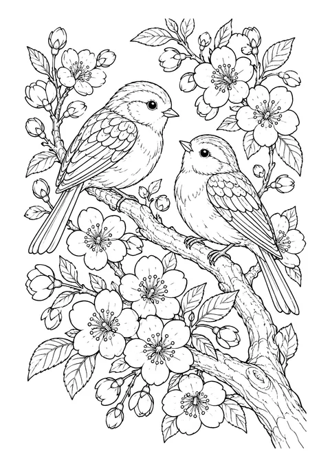 Ausmalbild: Zwei Singvögel sitzen auf einem knorrigen Kirschblütenzweig mit offenen Blüten, Knospen und Blättern.