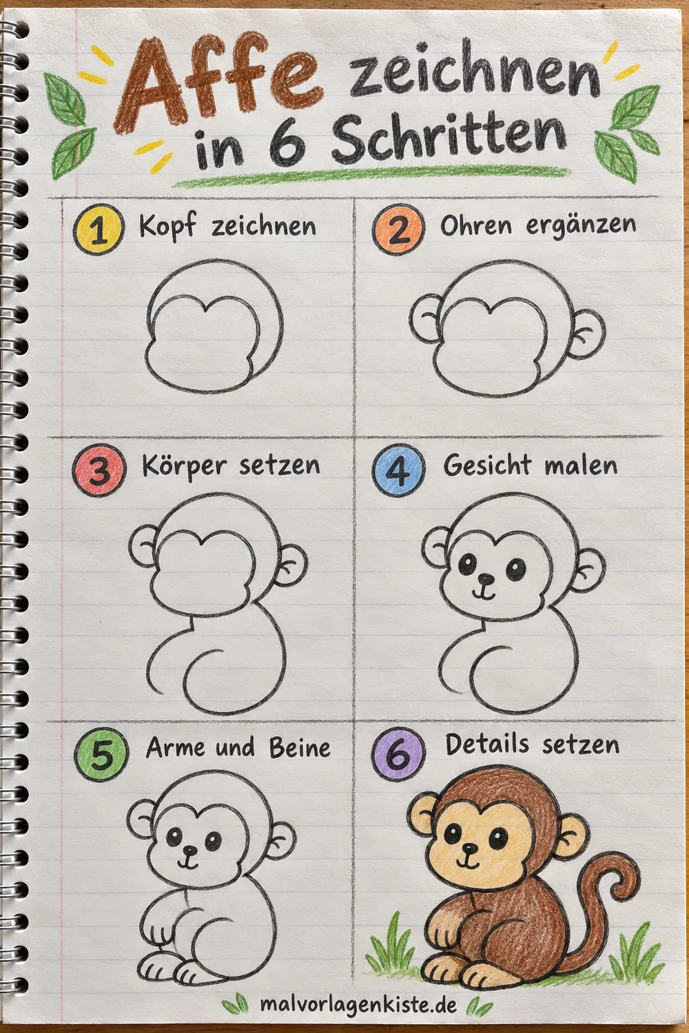 Anleitungsblatt: Affe zeichnen in 6 Schritten – vom Kopf bis zum sitzenden Affen mit Ringelschwanz, im letzten Feld bunt ausgemalt.