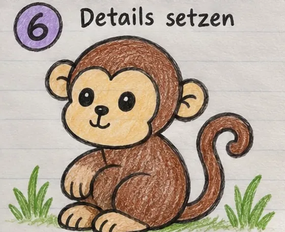 Fertiger brauner Affe mit hellem Gesicht und eingerolltem Schwanz, im Gras sitzend.