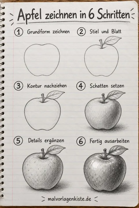 Anleitungsblatt: Apfel mit Stiel und Blatt in 6 Schritten, von der Grundform bis zur fertig schattierten Bleistiftzeichnung.