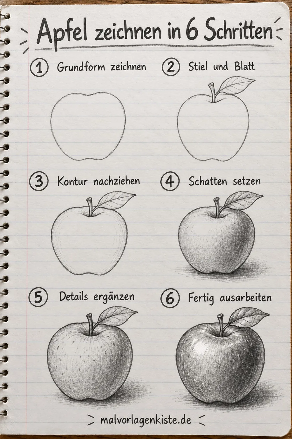 Anleitungsblatt: Apfel mit Stiel und Blatt in 6 Schritten, von der Grundform bis zur fertig schattierten Bleistiftzeichnung.