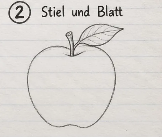 Apfel-Umriss mit kurzem Stiel und einem spitzen Blatt mit Adern.