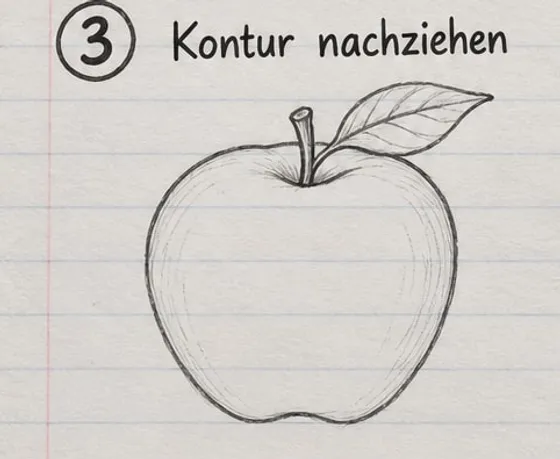 Apfel mit kräftiger Kontur, Mulde um den Stiel und feinen gebogenen Linien auf der Schale.