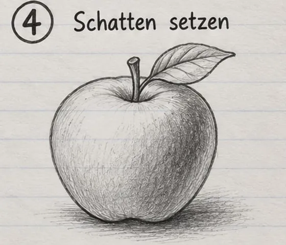 Apfel mit Schraffur auf der rechten Seite und am unteren Rand, darunter ein Schlagschatten.