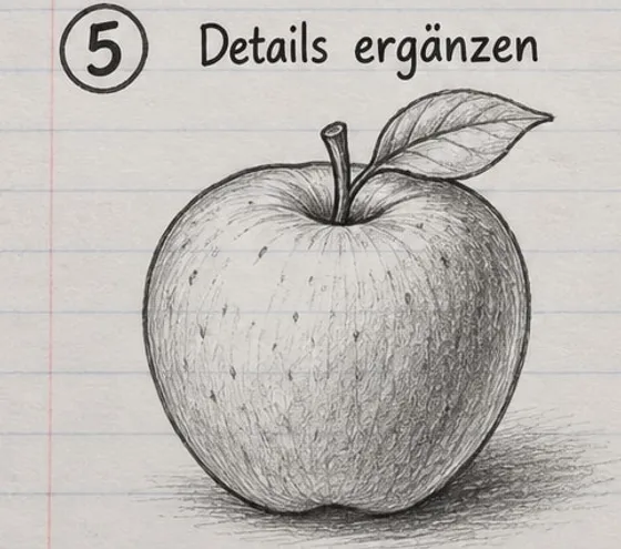 Apfel mit getüpfelter Schale, dunkler Stielmulde, ausgearbeitetem Blatt und Schatten.