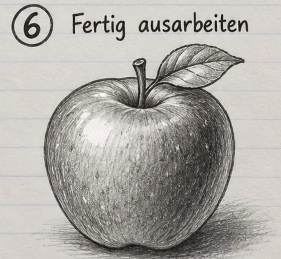 Fertig schattierter Apfel mit hellem Glanzlicht links oben, dunkler rechter Seite und kräftigem Schlagschatten.