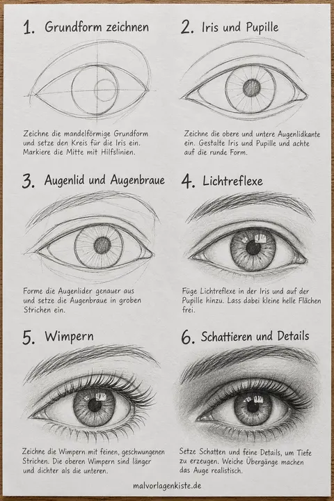 Anleitungsblatt: realistisches Auge zeichnen in 6 Schritten, von Mandelform und Hilfslinien bis zum fertig schattierten Auge mit Wimpern und Braue.
