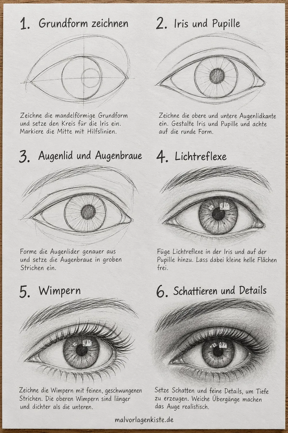 Anleitungsblatt: realistisches Auge zeichnen in 6 Schritten, von Mandelform und Hilfslinien bis zum fertig schattierten Auge mit Wimpern und Braue.