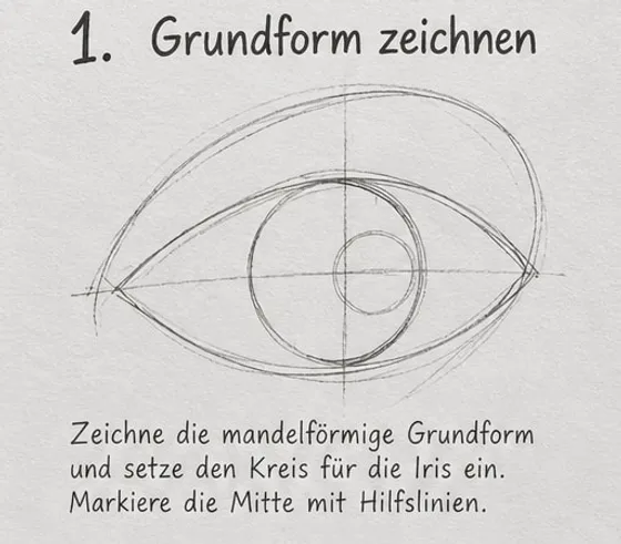 Feld 1: Mandelform mit Iriskreis, Pupillenkreis, Achsenkreuz und einem großen Hilfsoval für die Augenhöhle.