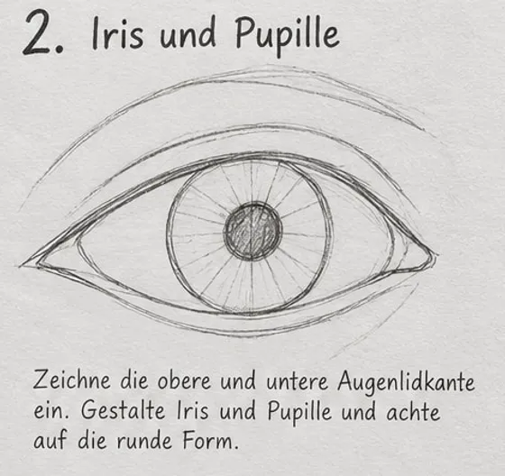 Feld 2: Auge mit doppelter Lidkante oben und unten, Iris mit dunkler Pupille und radialen Linien, darüber ein Bogen für die Lidfalte.