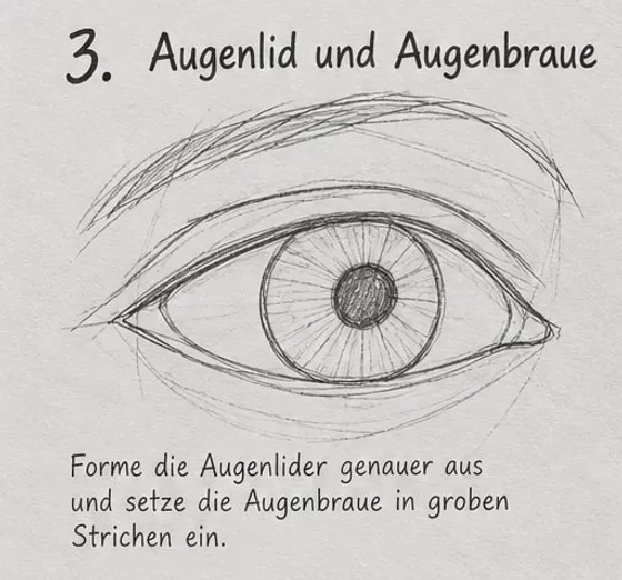 Feld 3: ausgearbeitete Lider mit Lidfalte und spitzen Augenwinkeln, darüber eine grob skizzierte Augenbraue.