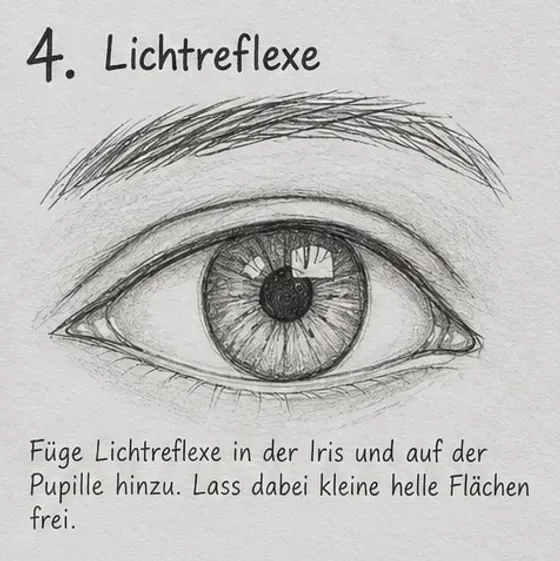 Feld 4: schattierte Iris mit dunklem Rand und ausgespartem hellem Lichtreflex über der Pupille, Braue dichter gezeichnet.