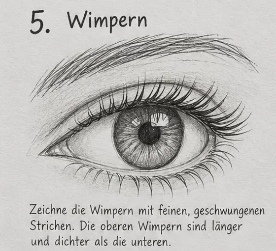 Feld 5: Auge mit dichten, geschwungenen oberen Wimpern und kurzen unteren Wimpern.