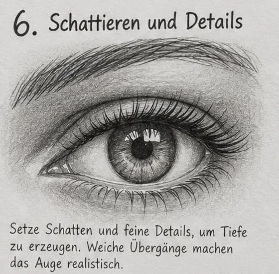 Feld 6: fertig schattiertes Auge mit dunkler Augenhöhle, weichen Hautübergängen, Wimpern und hellem Glanzlicht.
