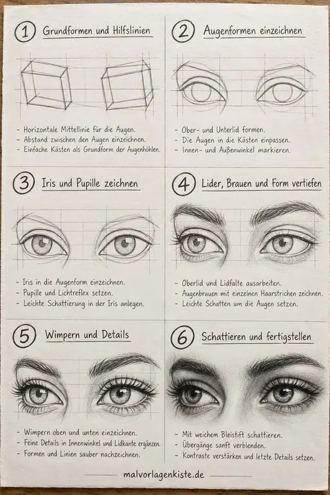 Anleitungsblatt: Augenpaar zeichnen Schritt für Schritt in 6 Feldern, von Hilfskästen und Augenformen bis zu den fertig schattierten Augen mit Brauen und Wimpern.