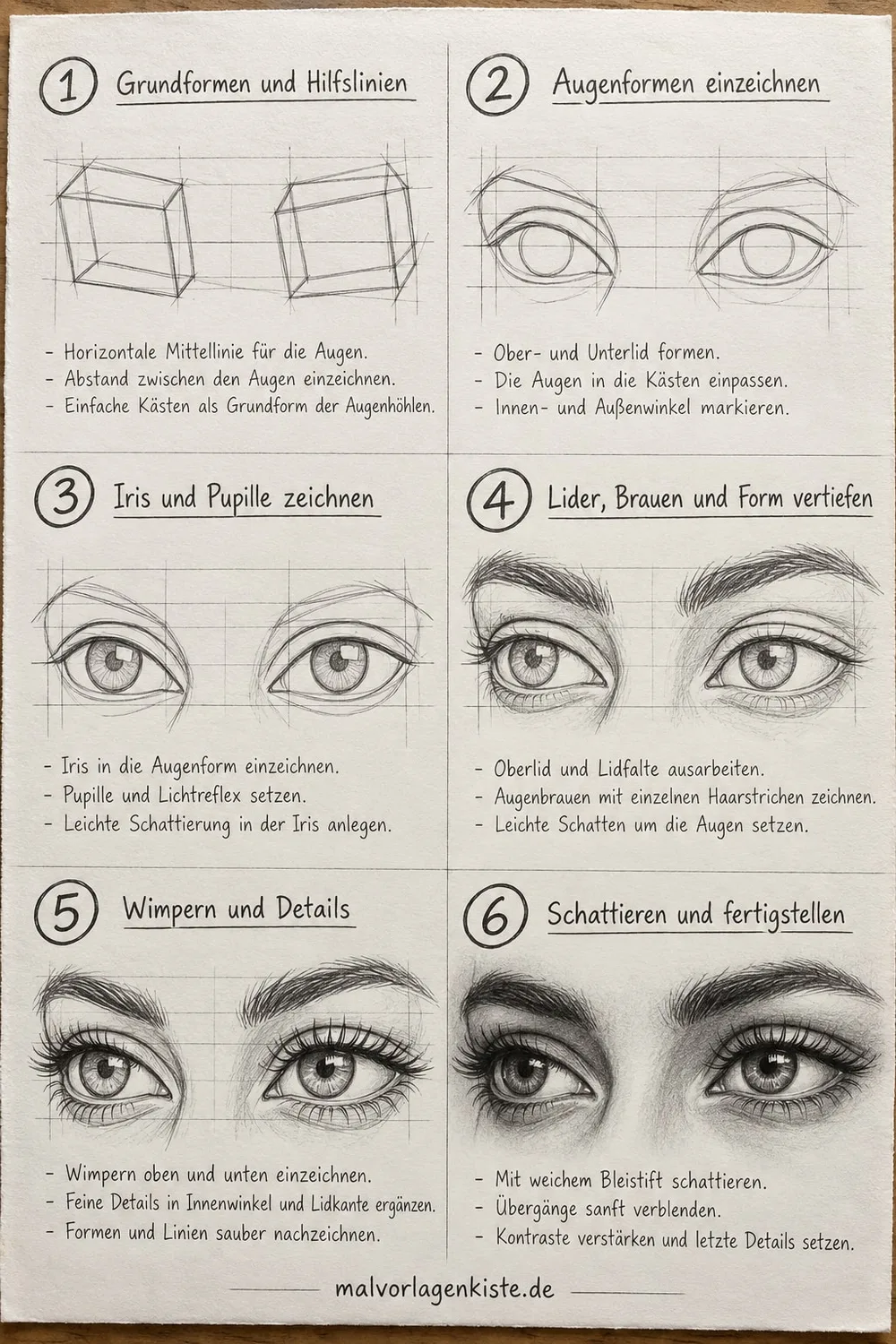 Anleitungsblatt: Augenpaar zeichnen Schritt für Schritt in 6 Feldern, von Hilfskästen und Augenformen bis zu den fertig schattierten Augen mit Brauen und Wimpern.