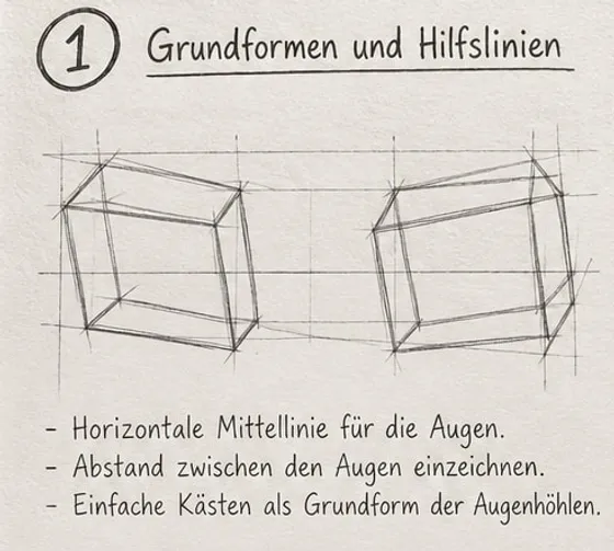 Feld 1: zwei perspektivische Hilfskästen auf einer waagerechten Mittellinie, mit Abstand dazwischen.