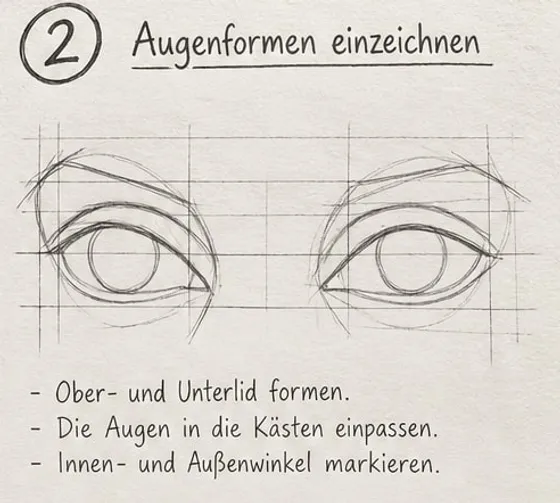 Feld 2: beide Augenformen mit Ober- und Unterlid, Iriskreisen und Brauenbögen in den Hilfskästen.