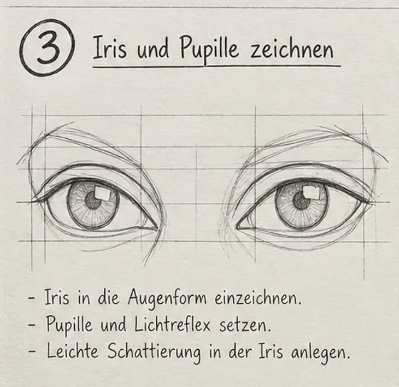 Feld 3: beide Augen mit Iris, dunkler Pupille, gleich gesetztem Lichtreflex und leichter Iris-Schattierung, die Hilfslinien noch sichtbar.