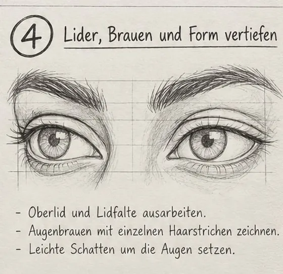 Feld 4: Augenpaar mit ausgearbeiteten Lidfalten, Brauen aus einzelnen Haarstrichen und leichten Schatten um die Augen.