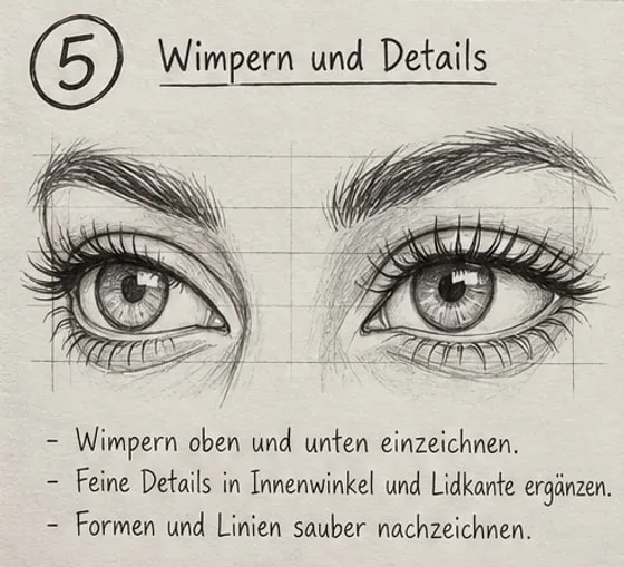 Feld 5: Augenpaar mit geschwungenen oberen und kurzen unteren Wimpern, sauberen Lidkanten und Details im Innenwinkel.