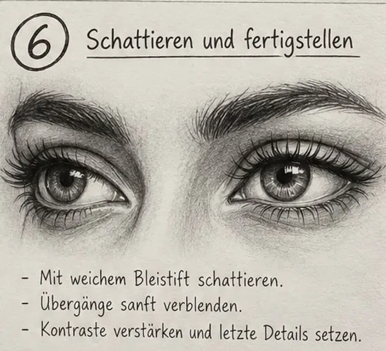 Feld 6: fertig schattiertes Augenpaar mit dunklen Augenhöhlen, weichen Übergängen und kräftigen Brauen.
