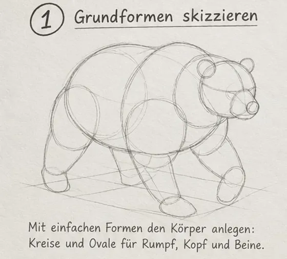Feld 1: Bär aus überlappenden Kreisen und Ovalen für Rumpf, Kopf, Schnauze und Beine, mit Bodenlinien.