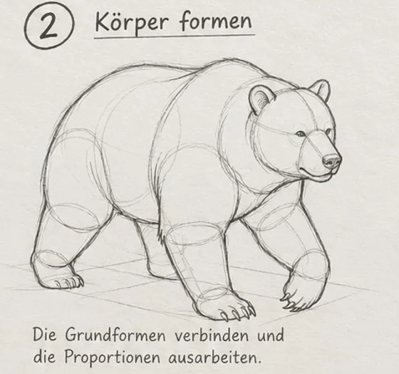Feld 2: verbundene Körperform mit Schulterbuckel, tief hängendem Kopf mit runden Ohren und angedeuteten Beinen.