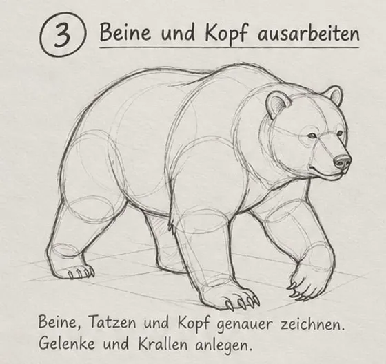 Feld 3: Bär mit ausgearbeiteten Beinen, angehobener Vordertatze, Krallen und detaillierterem Kopf, Hilfslinien noch sichtbar.