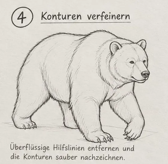 Feld 4: saubere Kontur des gehenden Bären mit zotteligen Fellrändern an Bauch, Brust und Beinen, ohne Hilfslinien.