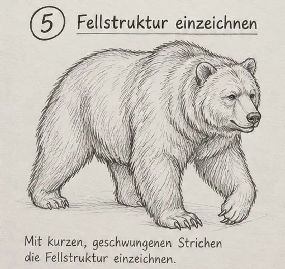 Feld 5: Bär mit geschwungenen Fellstrichen in Strähnen über den ganzen Körper, Kopf und Tatzen ausgearbeitet.