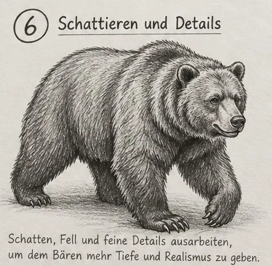 Feld 6: dunkel schattierter Braunbär mit hellerer Schnauze und Rückenkante, kräftigen Kontrasten und Schatten am Boden.