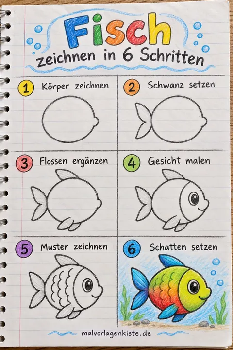 Anleitungsblatt: bunten Fisch zeichnen in 6 Schritten, im letzten Feld in Regenbogenfarben ausgemalt.