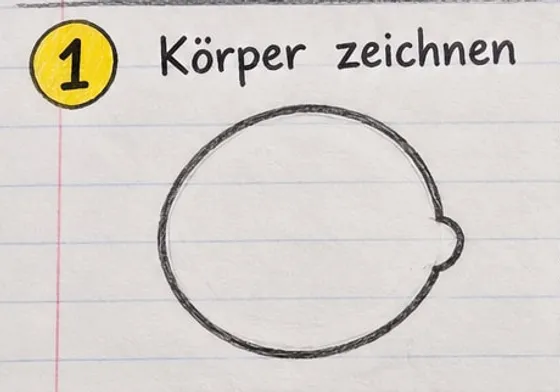Feld 1: Ein großer Kreis mit einer kleinen Beule rechts als Fischkörper.