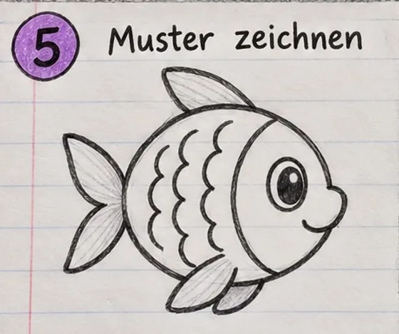 Feld 5: Fertige Strichzeichnung des Fisches mit Reihen kleiner Bögen als Muster.