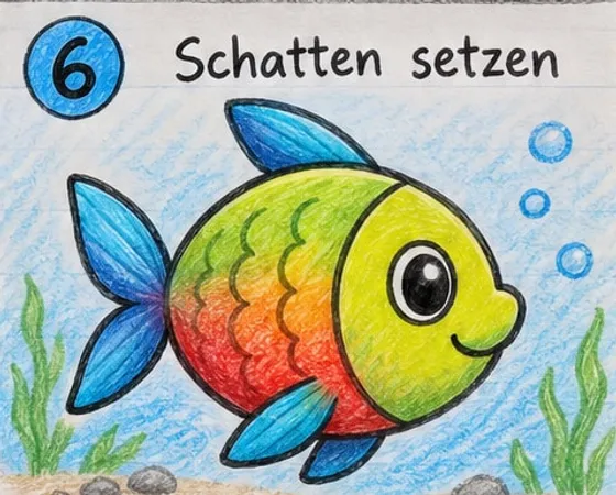Feld 6: Der Fisch in Regenbogenfarben mit blauen Flossen, umgeben von Wasser, Seegras und Luftblasen.